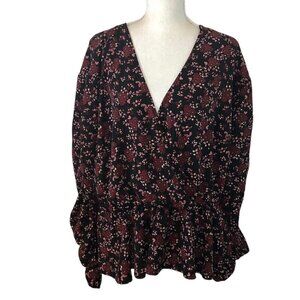 ELOQUII ELEMENTS Peplum Blouse Women's Size 22 Pink Black Floral Faux Wrap